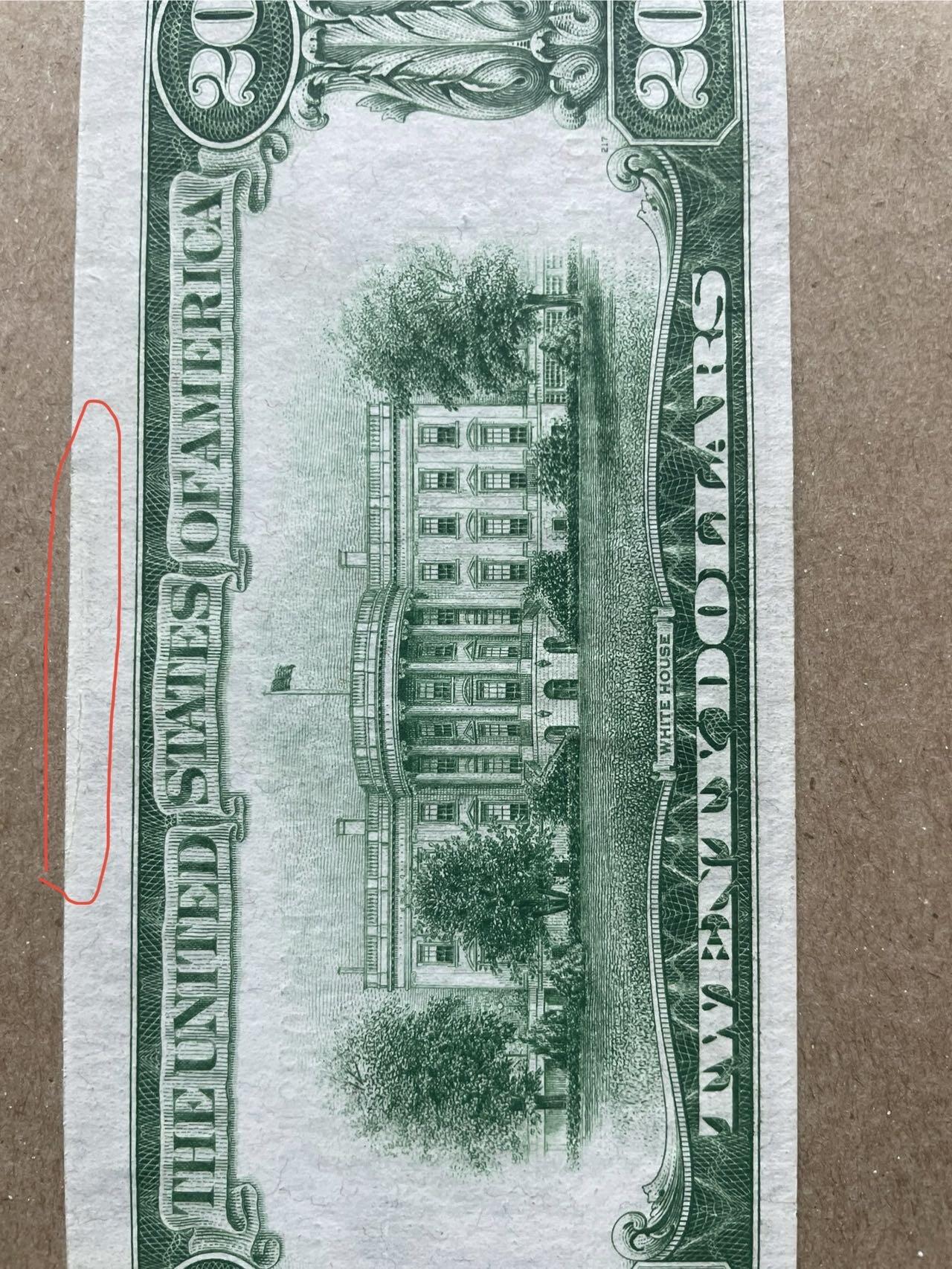 美国1934年20美元 LGS版本  纽约分行发行 上边缘白边处有折痕 AU品相