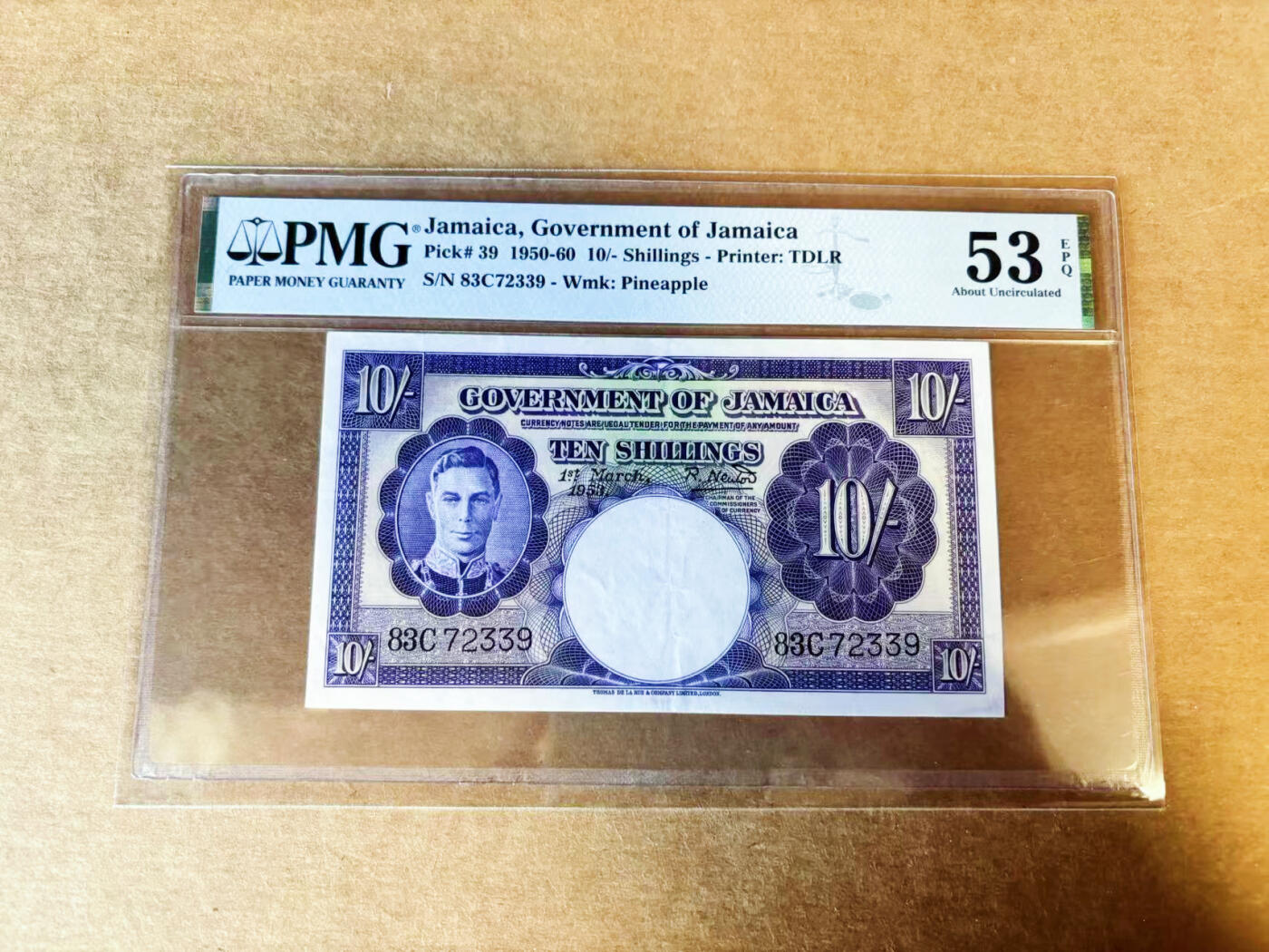 【Blue Auction】世界纸币精拍第742期——18级TOP拍卖/信誉/品质/专业/高效💫 牙买加1950-1960年10先令 英王乔六 PMG53EPQ