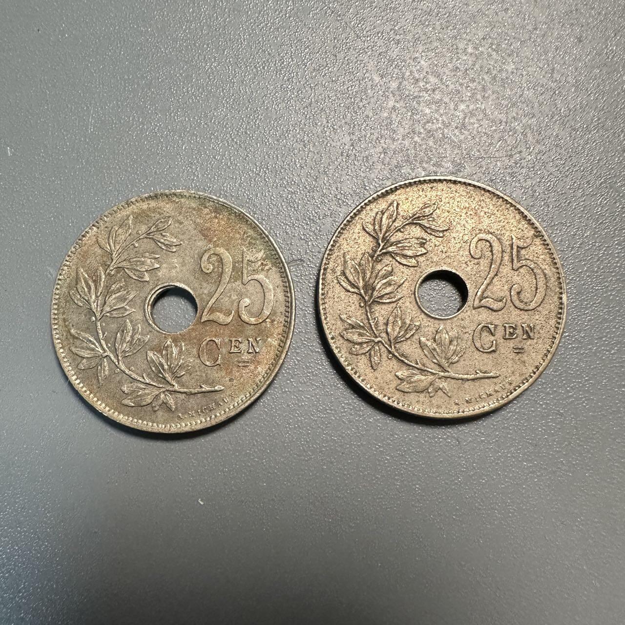 蒂克钱币-第45场 外国硬币散币 比利时25分 圆孔硬币两枚