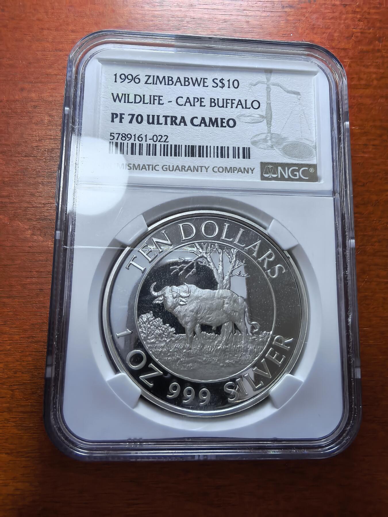 长老汇蛇年精选第六十七场拍卖 1996 津巴布韦水牛10元精制银币，NGC PF70UC，唯一冠军