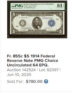 【Blue Auction】世界纸币精拍第742期——18级TOP拍卖/信誉/品质/专业/高效💫 美国 1914年5美金 费城版 大票幅 正面林肯 背面征服者登陆大场景雕刻精美 PMG63EPQ 全新原票 油墨状态佳