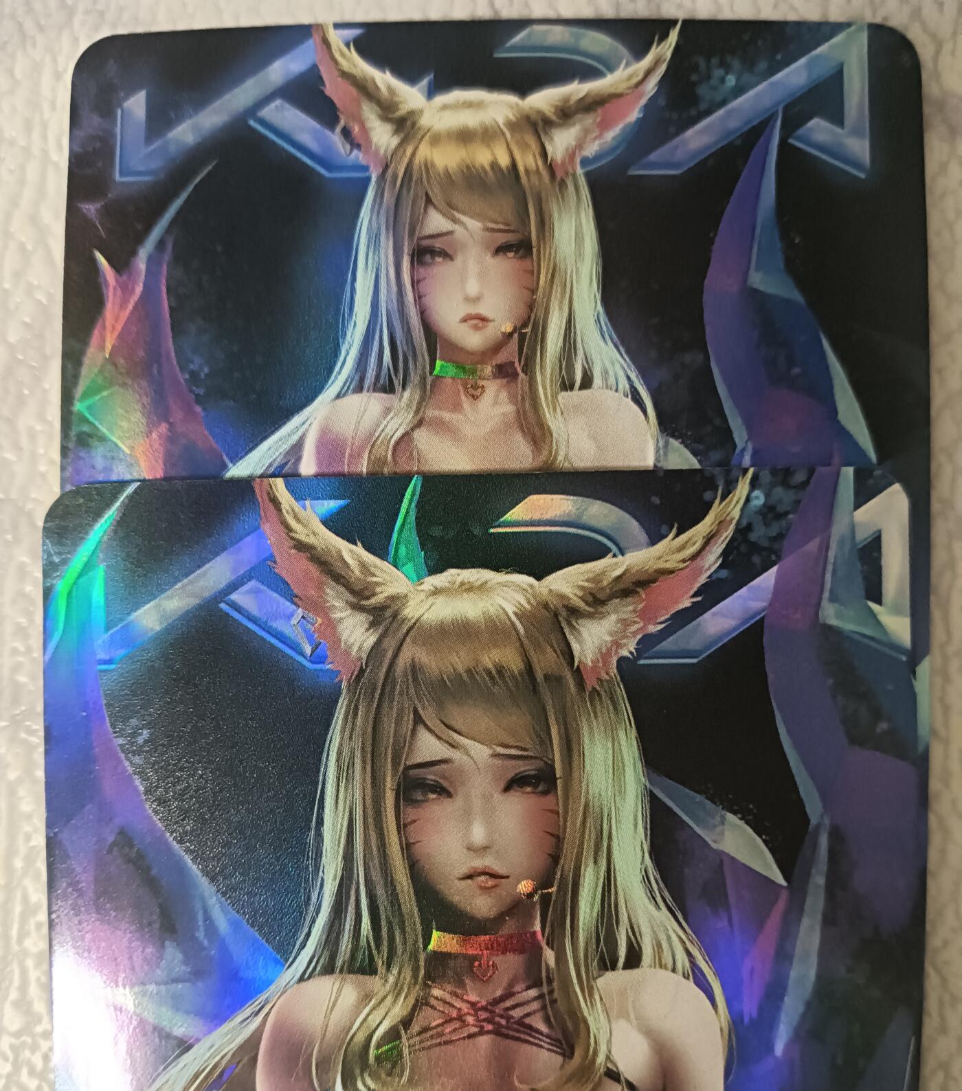 花开卡拍第44期（10月26号周日截拍，品控勿拍!!!拍品不寄存，运费5元，自制卡难免瑕疵，可能存在轻微撞角爆边等出厂瑕疵，品控介意勿拍！） 英雄联盟  阿狸  艺术对卡  2张彩闪
