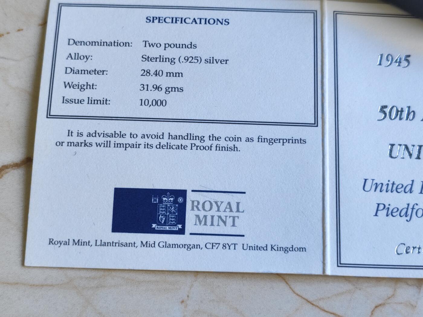 第179期拍卖【长期征集拍品】 英国1995年联合国50周年2镑精制加厚纪念银币，31.96克925银，发行10000枚