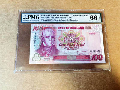 【Blue Auction】世界纸币精拍第742期——18级TOP拍卖/信誉/品质/专业/高效💫 -  【亚军分 AA冠】苏格兰银行1999年100镑 300周年纪念钞 文学家沃尔特·司各特 打高尔夫大场景 PMG66EPQ