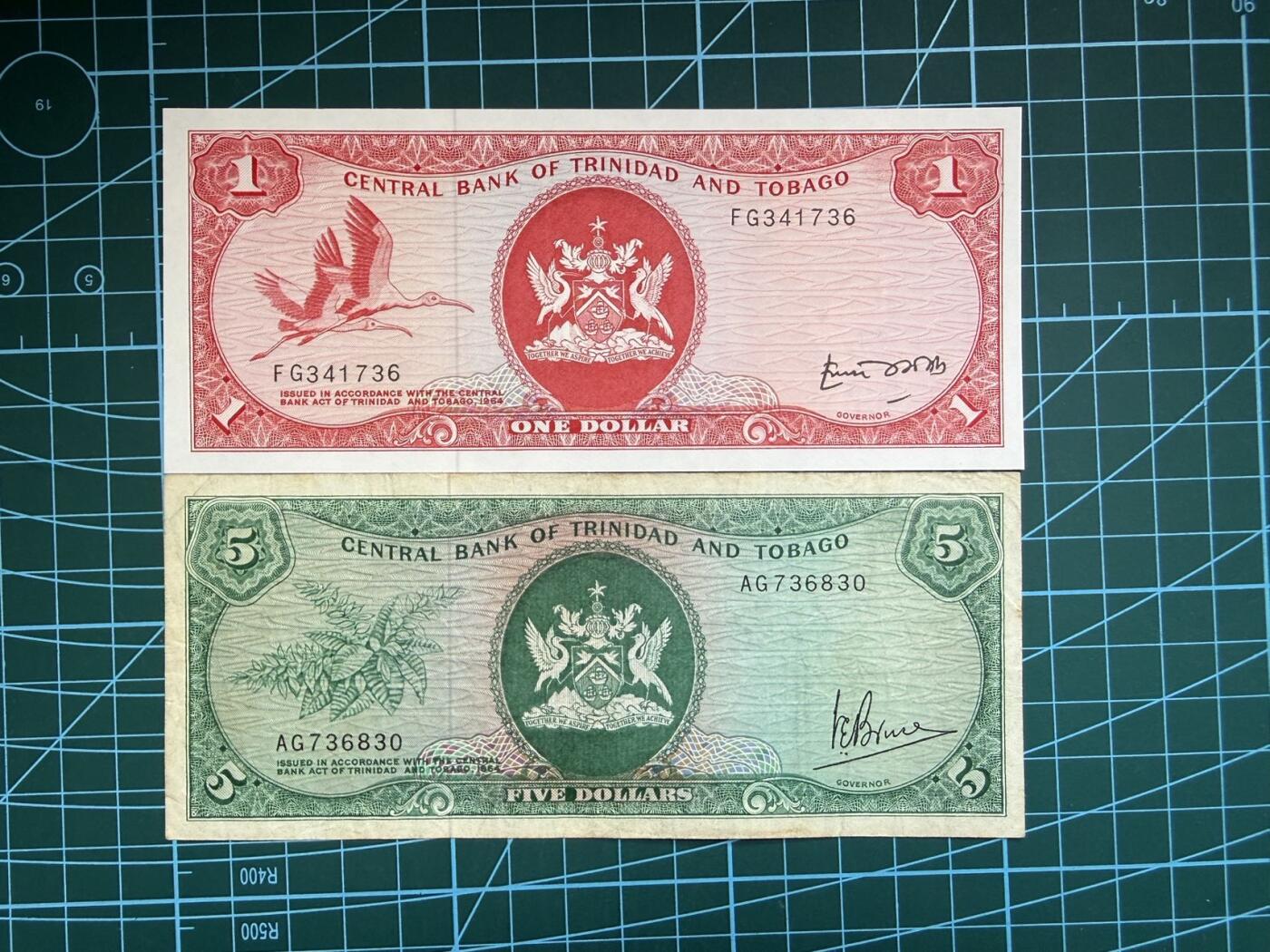 【炜奕收藏】，第四十九期，多套加拿大纸币、港澳靓号 1977年特立尼达和多巴哥1&2元，流通品相-UNC品相