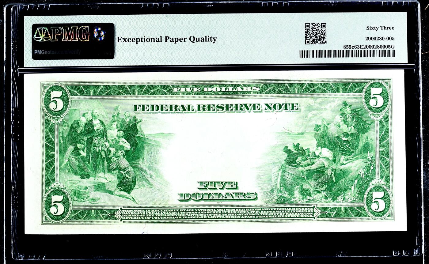 【Blue Auction】世界纸币精拍第742期——18级TOP拍卖/信誉/品质/专业/高效💫 美国 1914年5美金 费城版 大票幅 正面林肯 背面征服者登陆大场景雕刻精美 PMG63EPQ 全新原票 油墨状态佳