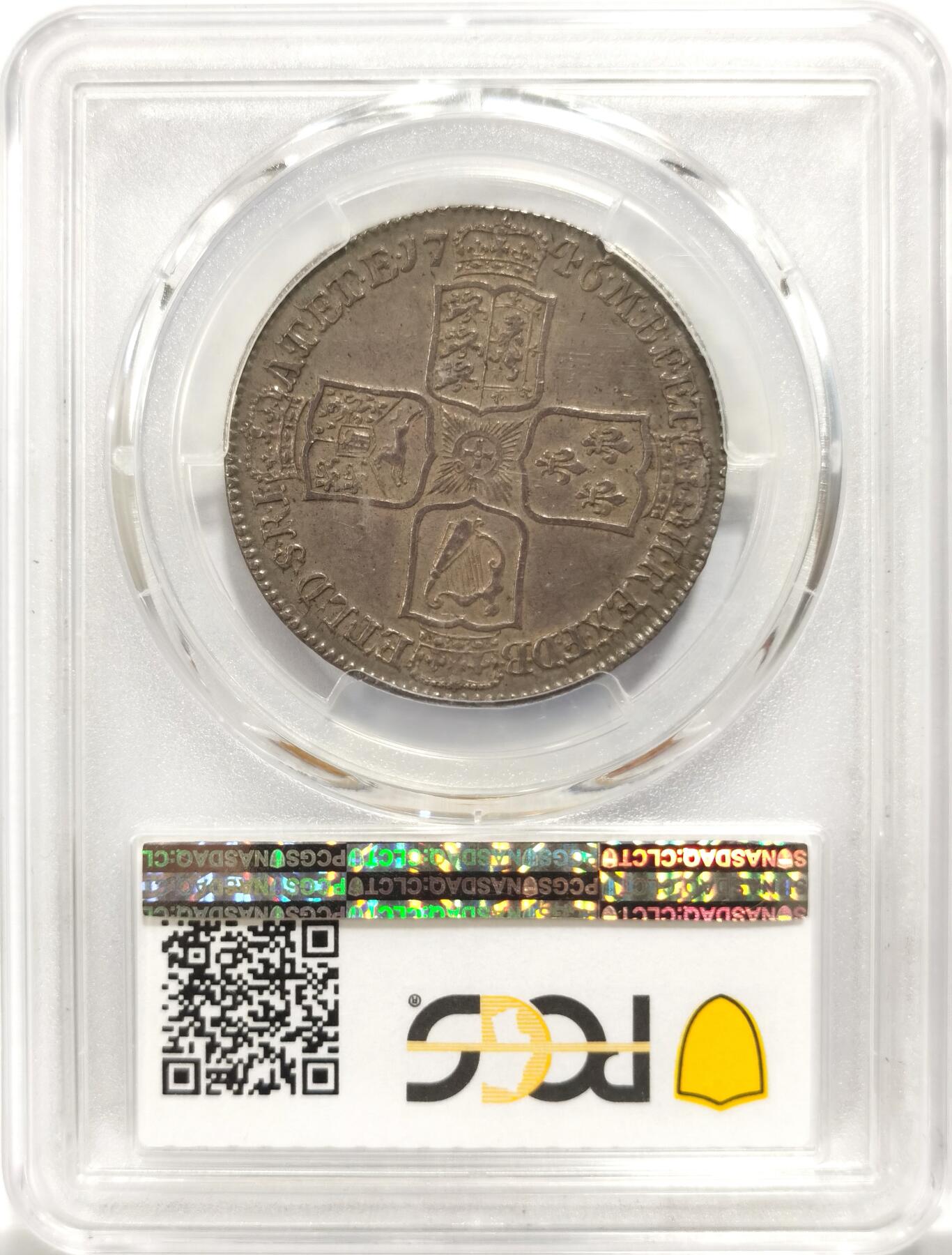博洋堂世界钱币拍卖第144期（全场包邮） PCGS AU55 英国1746年乔二半克朗银币，整个币面均匀包覆在灰色带彩包浆下，币面光度一流，状态绝对超出同类分数。