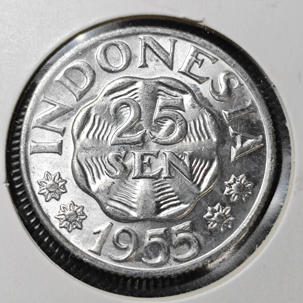 KK钱币收藏小铺  第358场  2月预留时间 周末发货  1955印度尼西亚25派沙 好品
