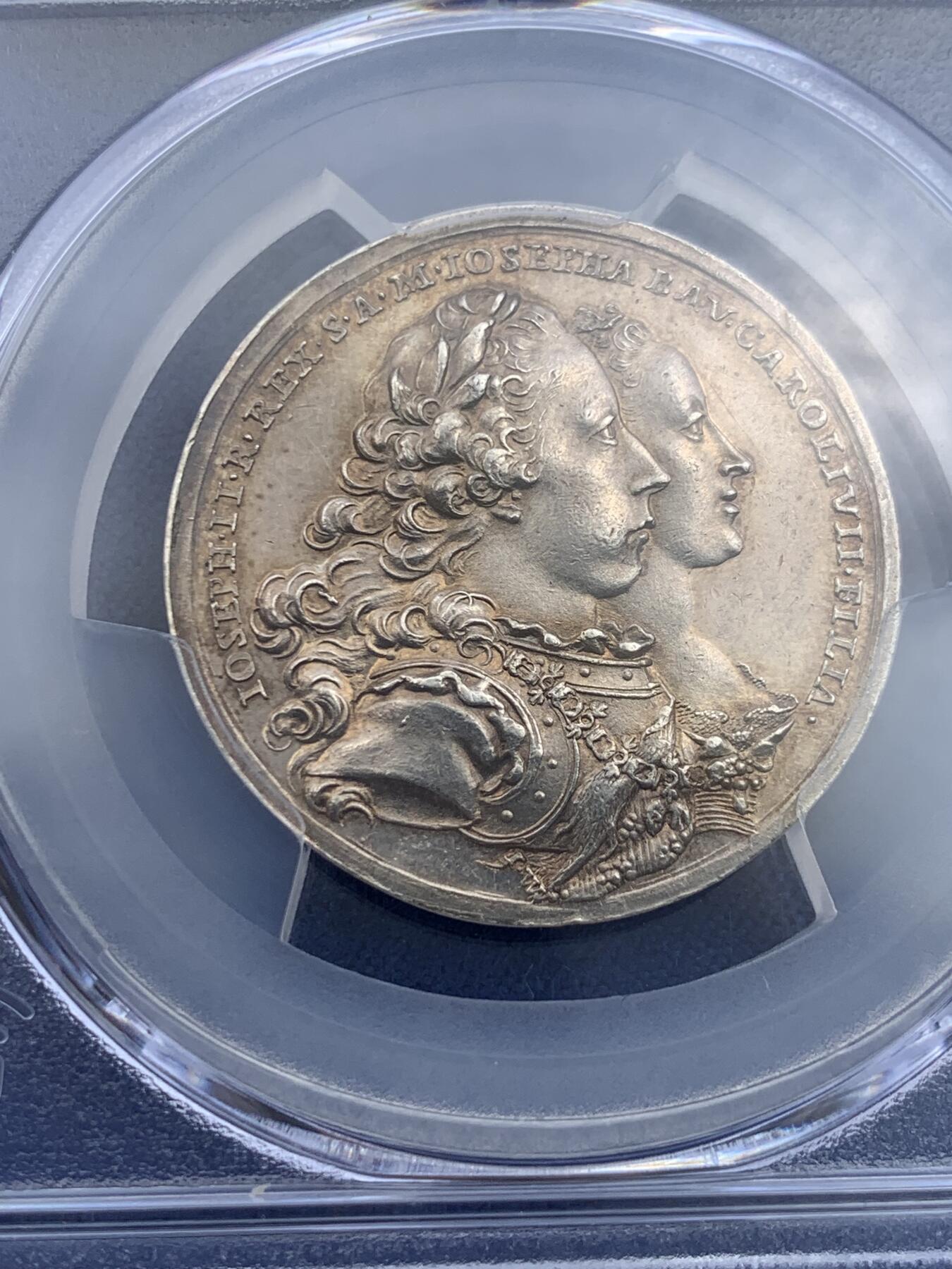 《竞宝斋》第432场 周日，周一 2场连拍 （全场包邮） PCGS MS61 神圣罗马帝国 约瑟夫二世 与巴伐利亚公主 婚礼纪念银章 首见品种 细节极好 明显低评了