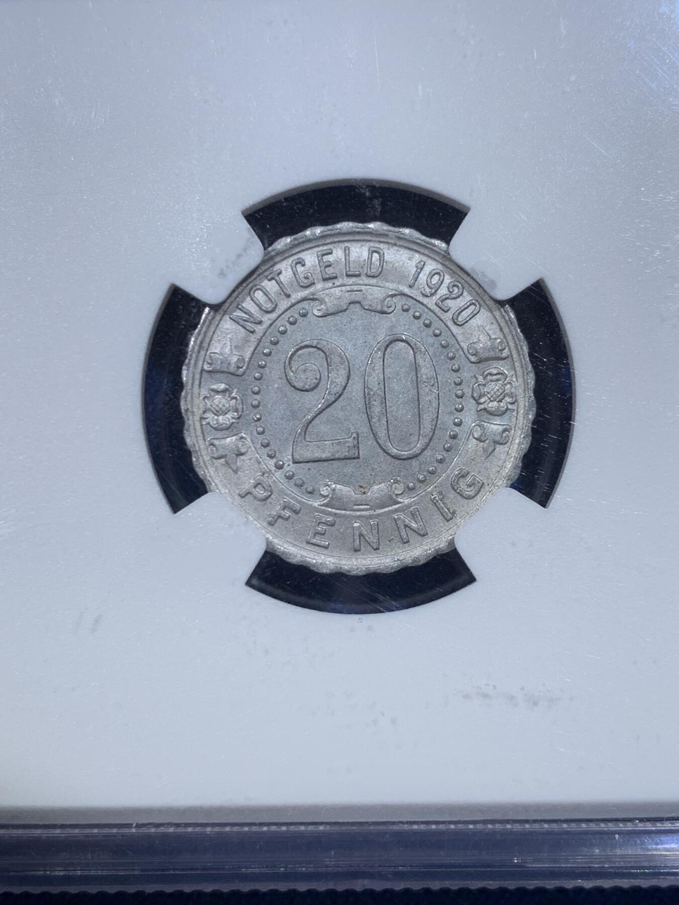 《竞宝斋》第432场 周日，周一 2场连拍 （全场包邮） NGC MS64 德国1920年 20芬尼铝币Strassenbahn，镜面小松果