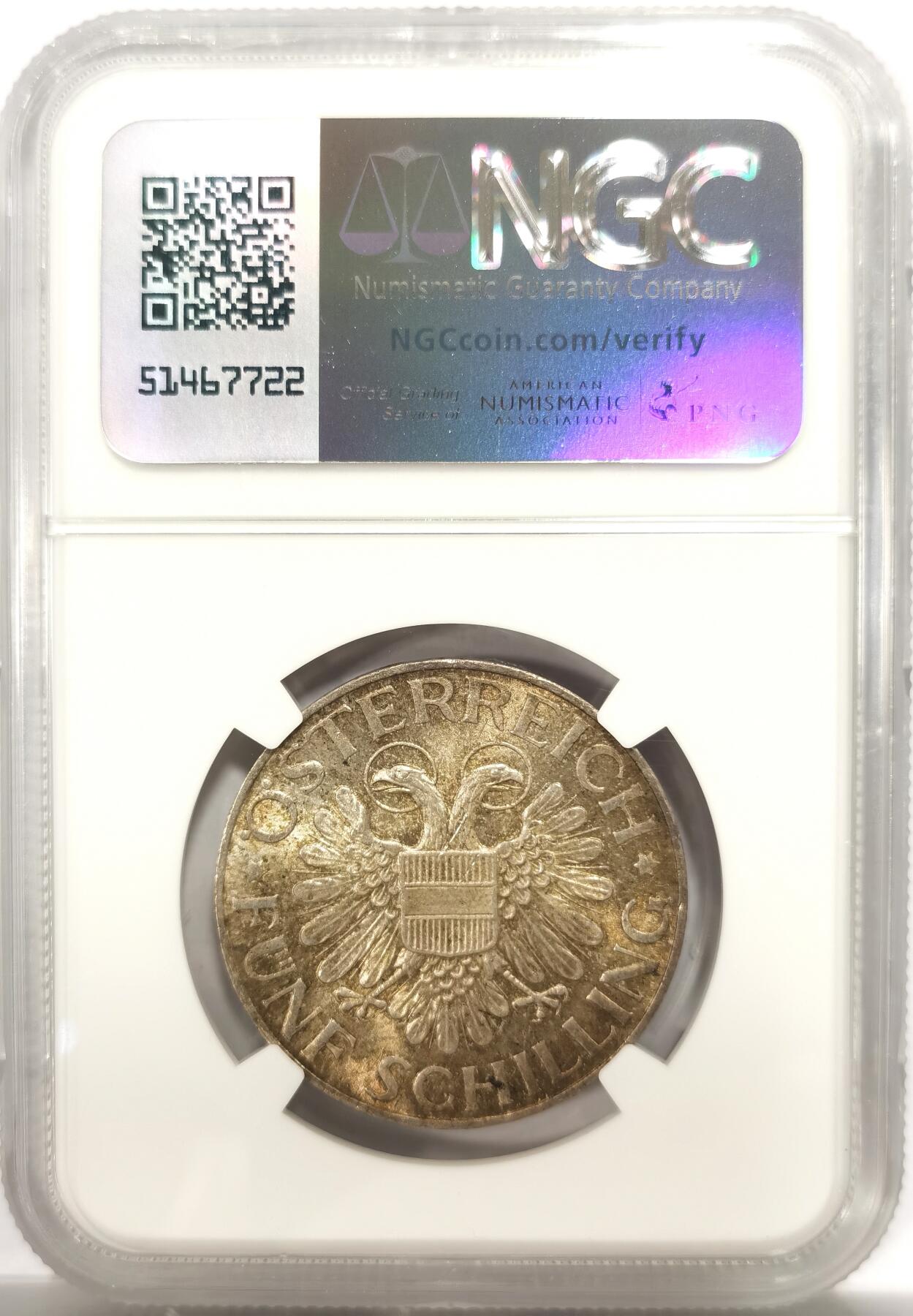 博洋堂世界钱币拍卖第144期（全场包邮） NGC MS63 奥地利1934年圣母抱婴5先令银币