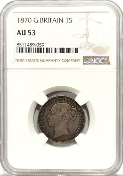 博洋堂世界钱币拍卖第144期（全场包邮） - NGC AU53 英国1870年维多利亚小维先令，模具号9，在ESC的稀有度为R，非常好的年份，状态很好