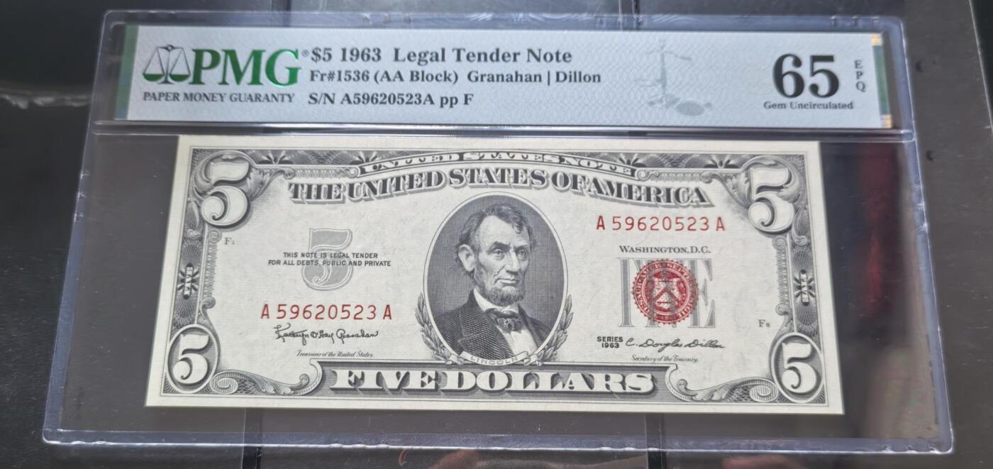 Gem Unc 美国纸币 1963年 5美元纸币 Pmg 65E