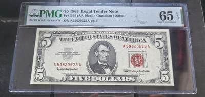 Gem Unc 美国纸币 1963年 5美元纸币 Pmg 65E - Gem Unc 美国纸币 1963年 5美元纸币 Pmg 65E