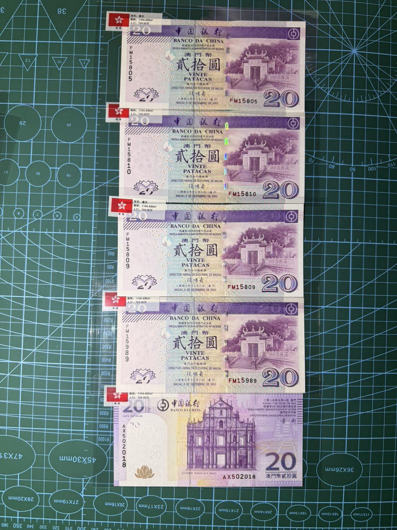 【炜奕收藏】，第四十九期，多套加拿大纸币、港澳靓号 澳门不同版本20元共5张，除一张有压痕外其余为UNC品相，号码均无347