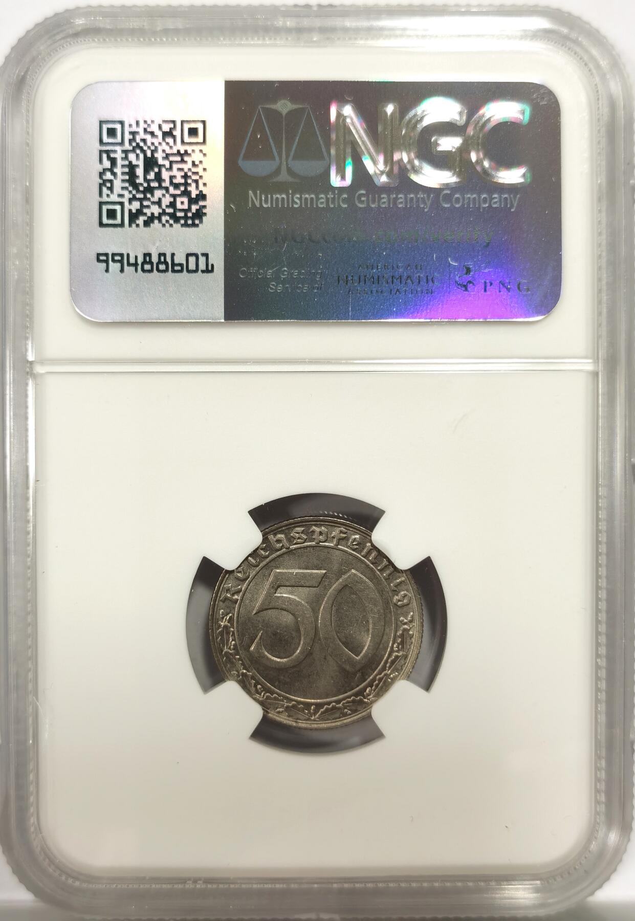 博洋堂世界钱币拍卖第144期（全场包邮） NGC MS64 德国第三帝国1939年B版50芬尼镍币，传说中的回炉坦克币