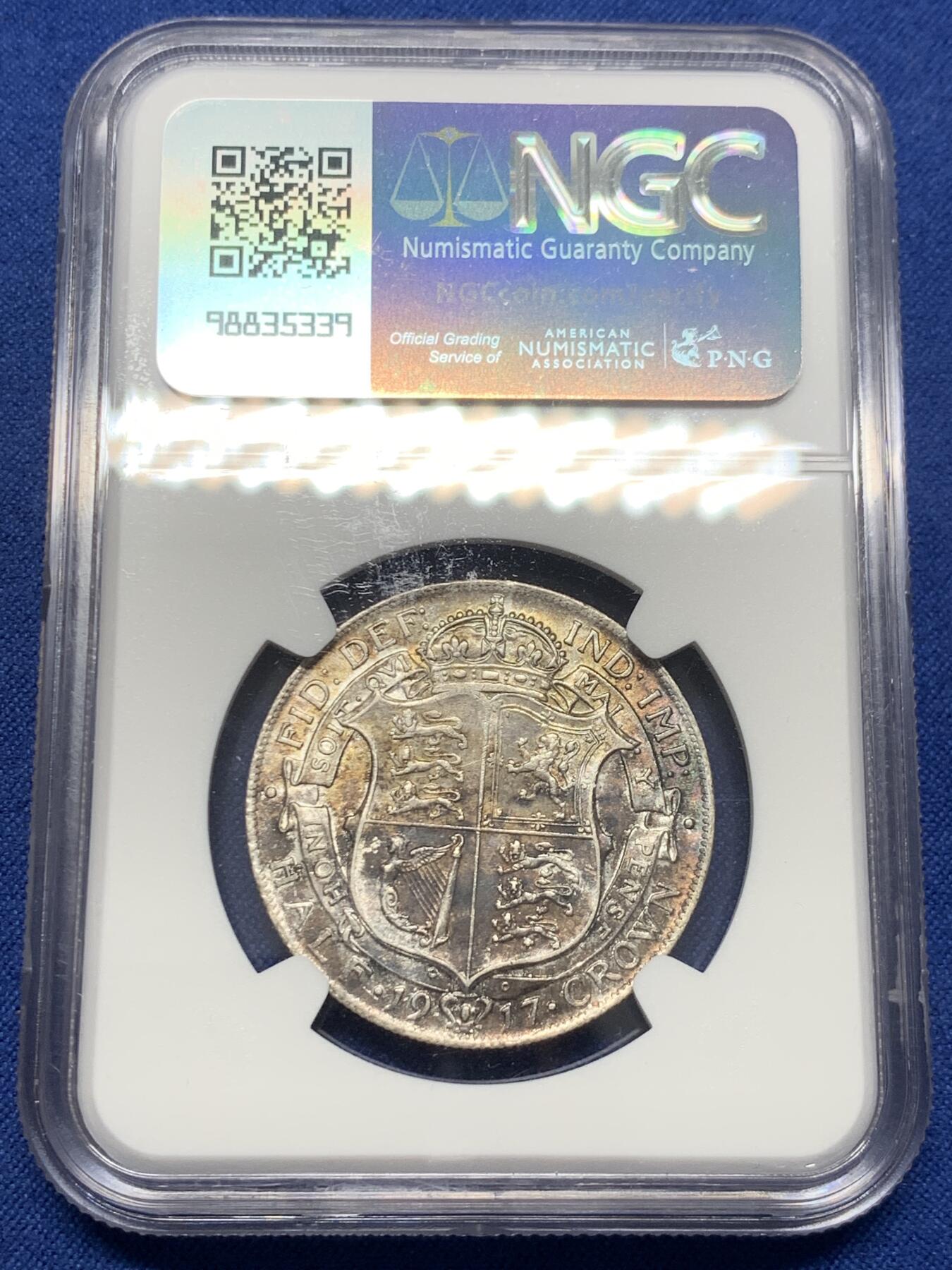 《竞宝斋》第432场 周日，周一 2场连拍 （全场包邮） NGC AU58 英国 1917年 乔治五世 半克朗 银币 925银