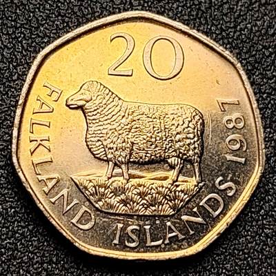 泉币菌-第118场-精品福利场 - 少见原光极美品 罗姆尼沼泽羊 福克兰群岛1987年 20便士銅镍币 21.95mm5g 伊丽莎白二世女王