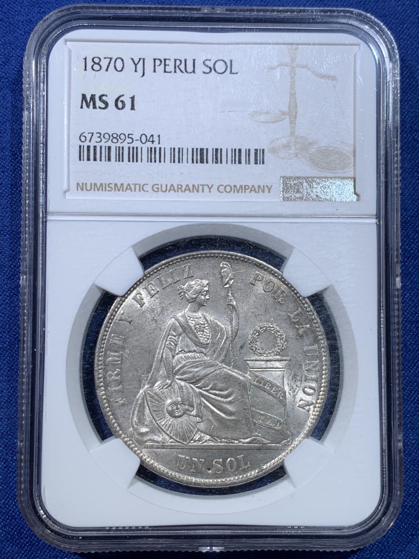 《竞宝斋》第432场 周日，周一 2场连拍 （全场包邮） NGC MS61 秘鲁 1870年 1比索女神银币 ，早期高银版，状态非常好，底光充沛，61分低评，值得收藏