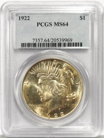博洋堂世界钱币拍卖第144期（全场包邮） - PCGS MS64 美国1922年和平银元，原汁原味，币面清爽干净又漂亮，打制精美，状态一流。