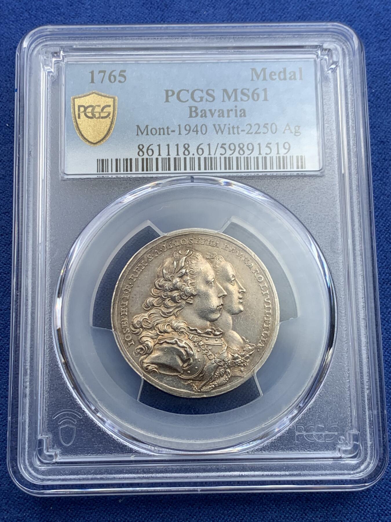 《竞宝斋》第432场 周日，周一 2场连拍 （全场包邮） PCGS MS61 神圣罗马帝国 约瑟夫二世 与巴伐利亚公主 婚礼纪念银章 首见品种 细节极好 明显低评了