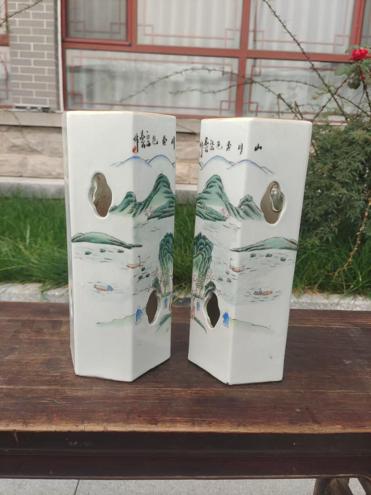 民国浅降彩山水六方帽筒一对 器型规整，画工精美，山水人物纹饰，带开窗设计