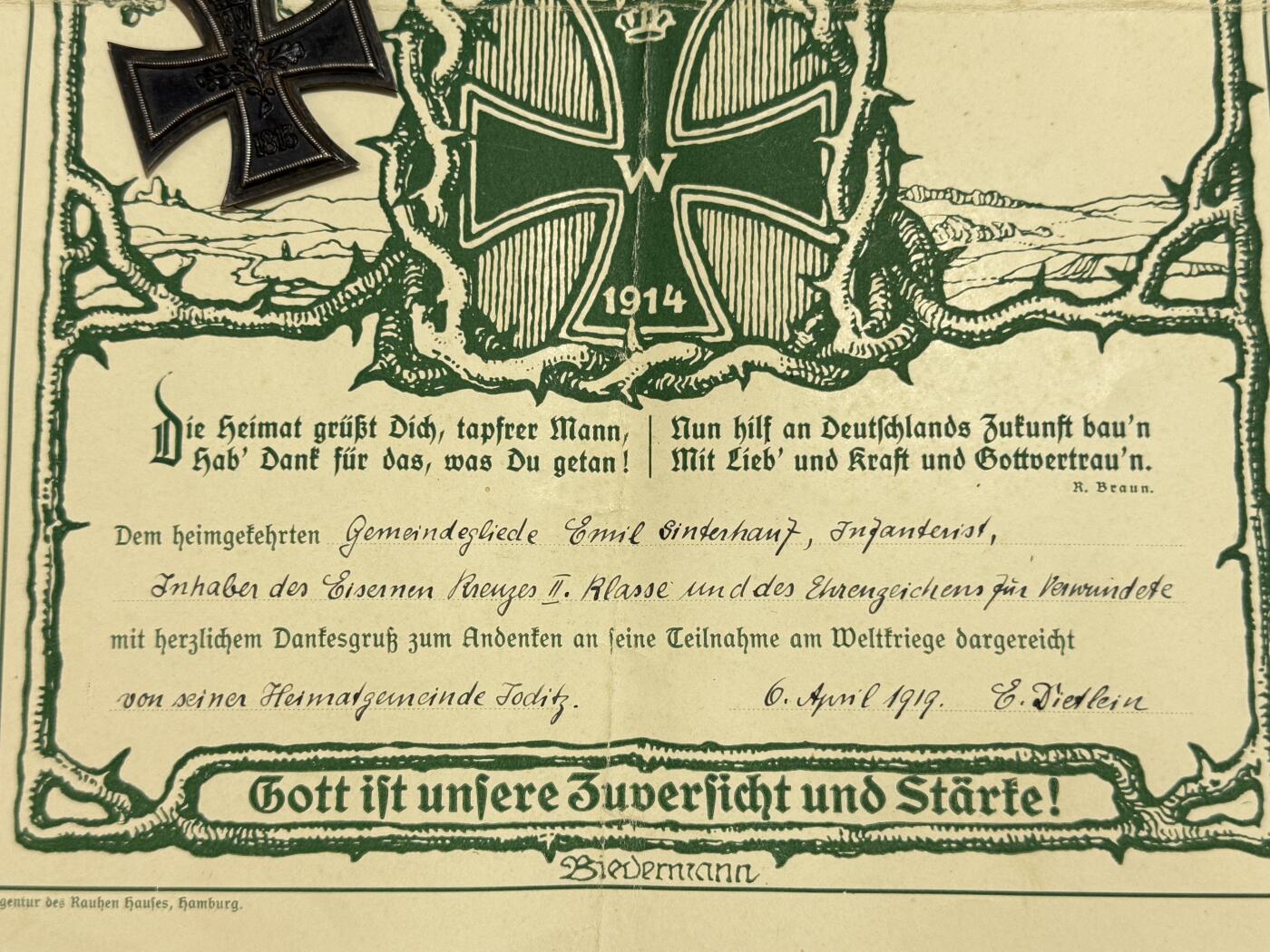 韵星假日精品2025秋季军品类拍卖会-- Rimey Holidays Boutique 2025 Autumn Militaria Sale 一战老兵归乡致敬函 获得者获得二级铁十字勋章和黑色战伤奖章 致敬函和两枚章一组