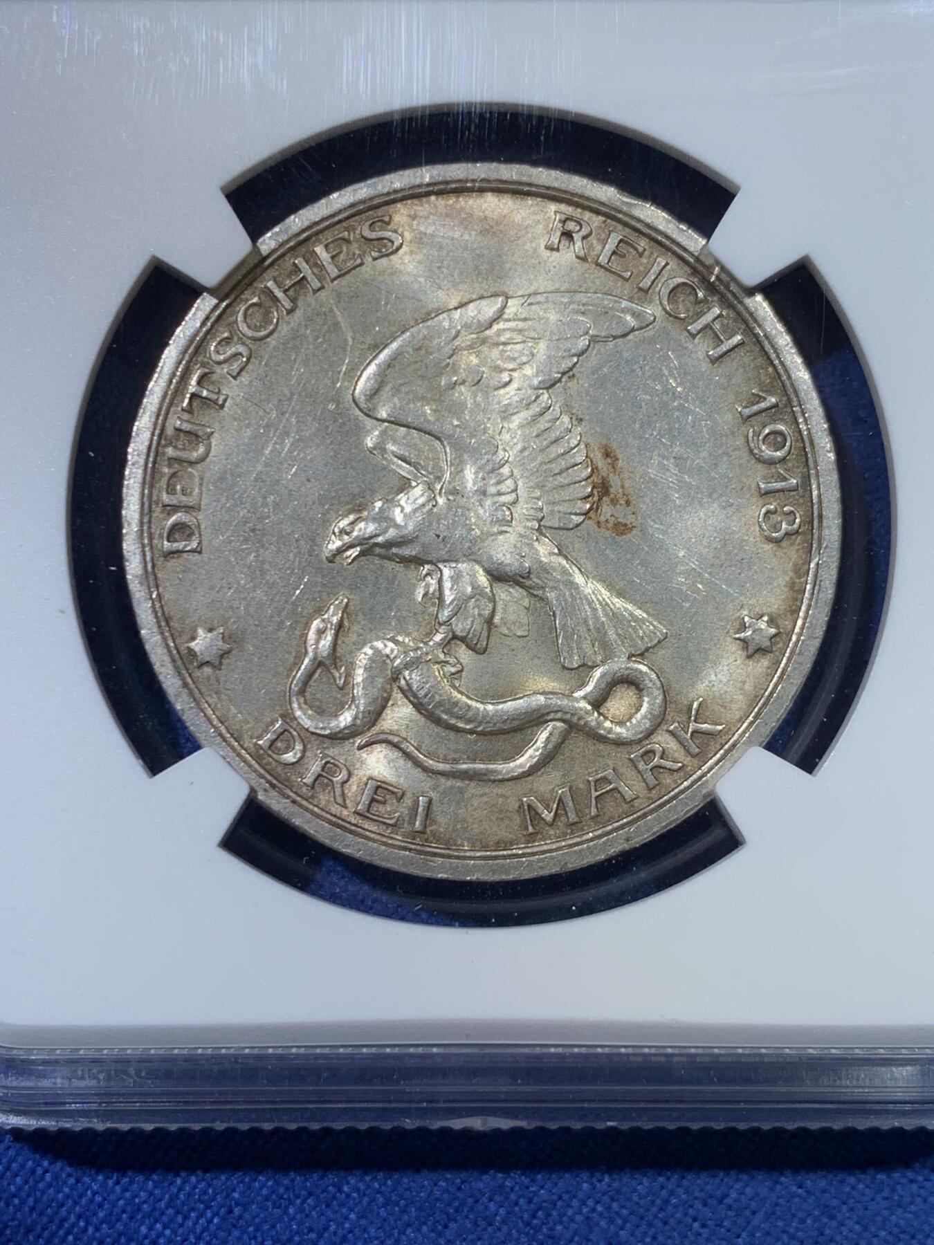 《竞宝斋》第432场 周日，周一 2场连拍 （全场包邮） NGC MS62 德国普鲁士1913年战胜拿破仑纪念3马克银币
