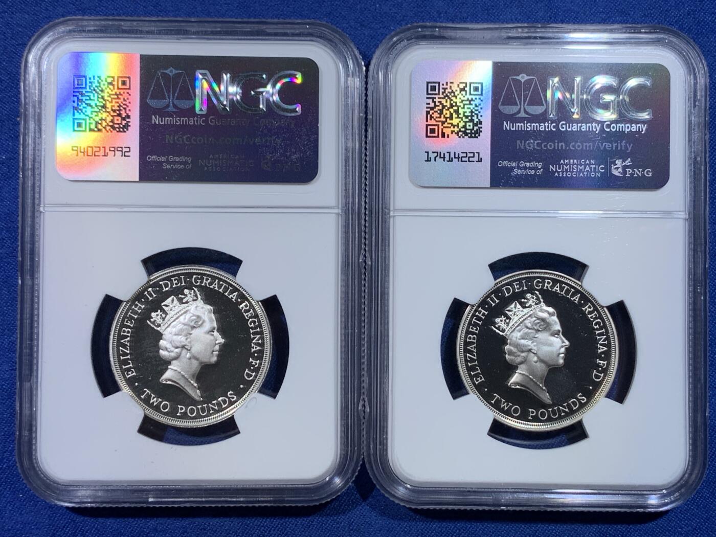 《竞宝斋》第432场 周日，周一 2场连拍 （全场包邮） 两枚一组 NGC PF67-69UC 英国1989年 纪念权利法案300年2镑精制银币 2枚一套带原盒证书