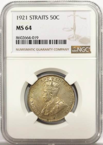 博洋堂世界钱币拍卖第144期（全场包邮） - NGC MS64 海峡1921乔五半圆，入骨黄色包浆，转光丝滑打制清晰完整，亚洲潜力品种，非常出色的一枚