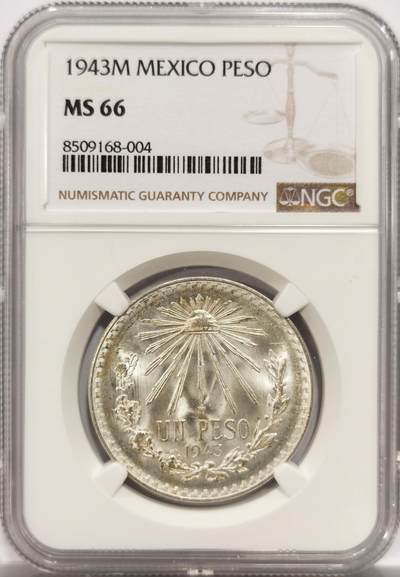 博洋堂世界钱币拍卖第144期（全场包邮） - NGC MS66 墨西哥1943年1比索银币