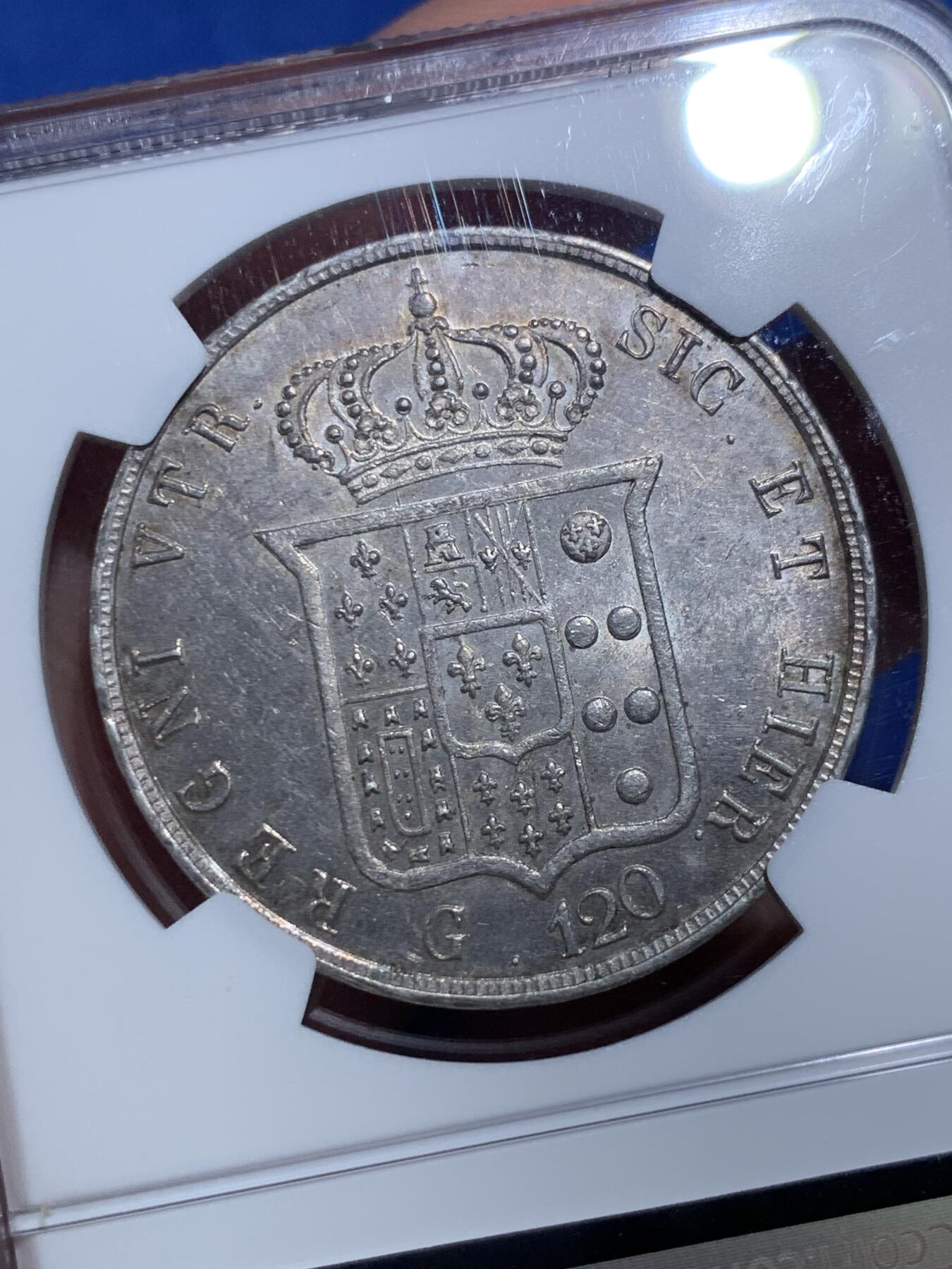 《竞宝斋》第432场 周日，周一 2场连拍 （全场包邮） NGC MS62 意大利1857年那不勒斯和西西里王国费迪南多二世老年版120G大银币
