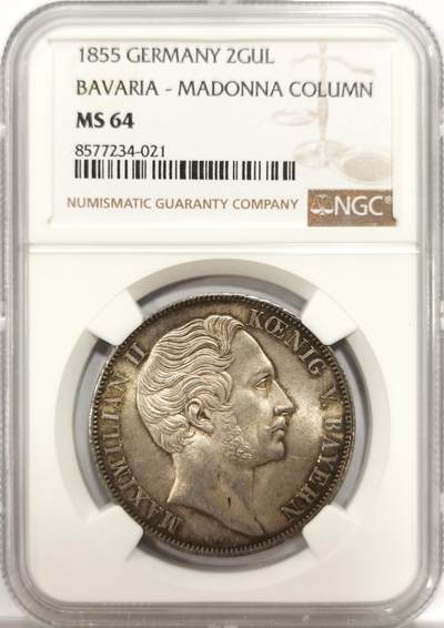 博洋堂世界钱币拍卖第144期（全场包邮） - NGC MS64 德国巴伐利亚1855年圣母抱婴2古尔登银币