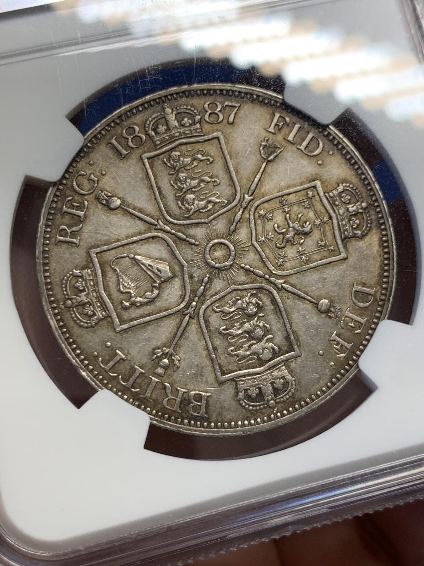 《竞宝斋》第432场 周日，周一 2场连拍 （全场包邮） NGC AU53 英国 1887年 维多利亚二世 双弗洛林银币，罗马1版本，好包浆