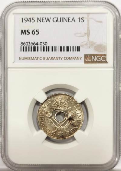 博洋堂世界钱币拍卖第144期（全场包邮） - NGC MS65 新几内亚1945年乔六时期1先令银币，罕见季军分，淡彩包浆，设计漂亮，稀奇所见最高分
