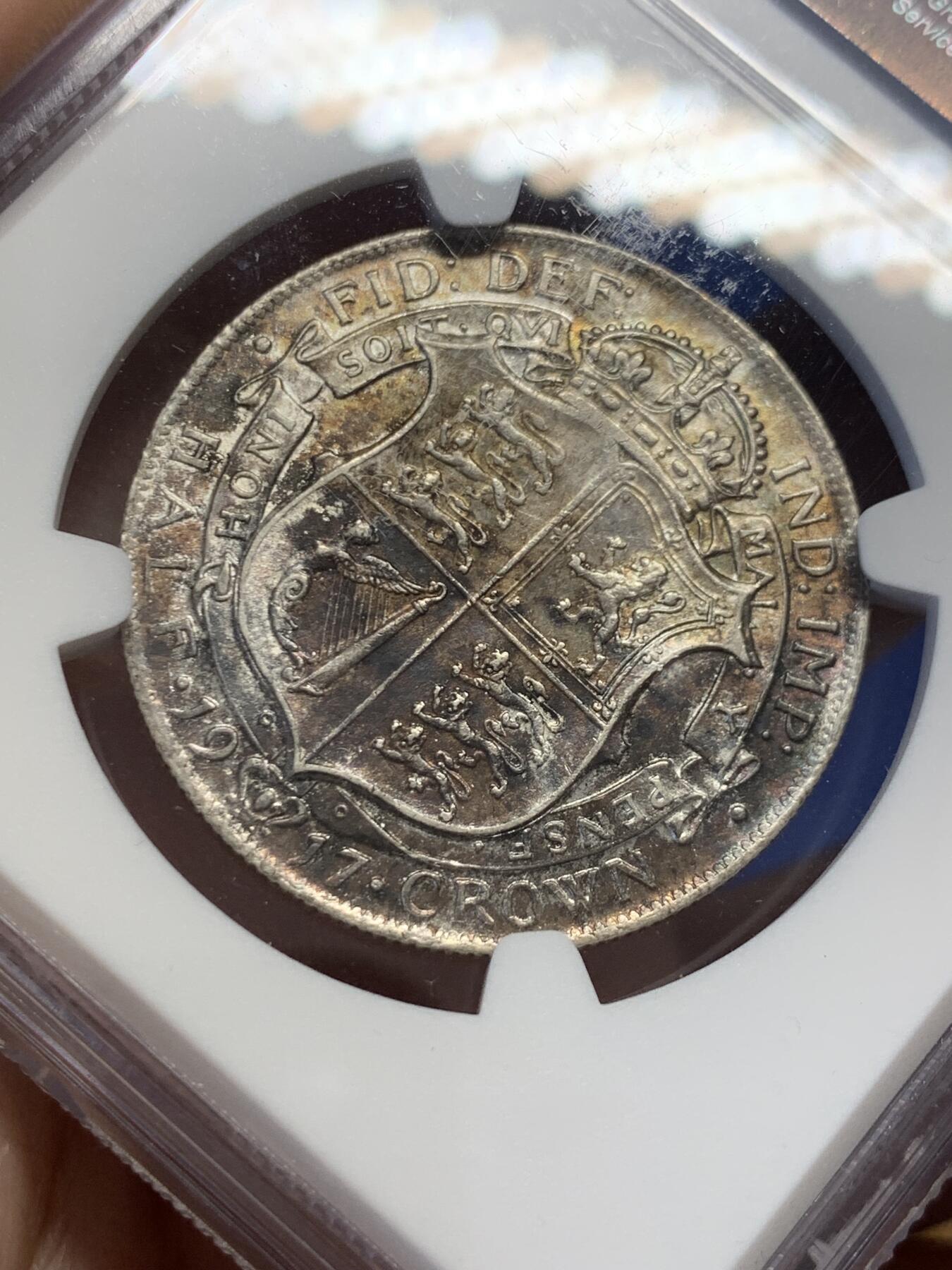 《竞宝斋》第432场 周日，周一 2场连拍 （全场包邮） NGC AU58 英国 1917年 乔治五世 半克朗 银币 925银