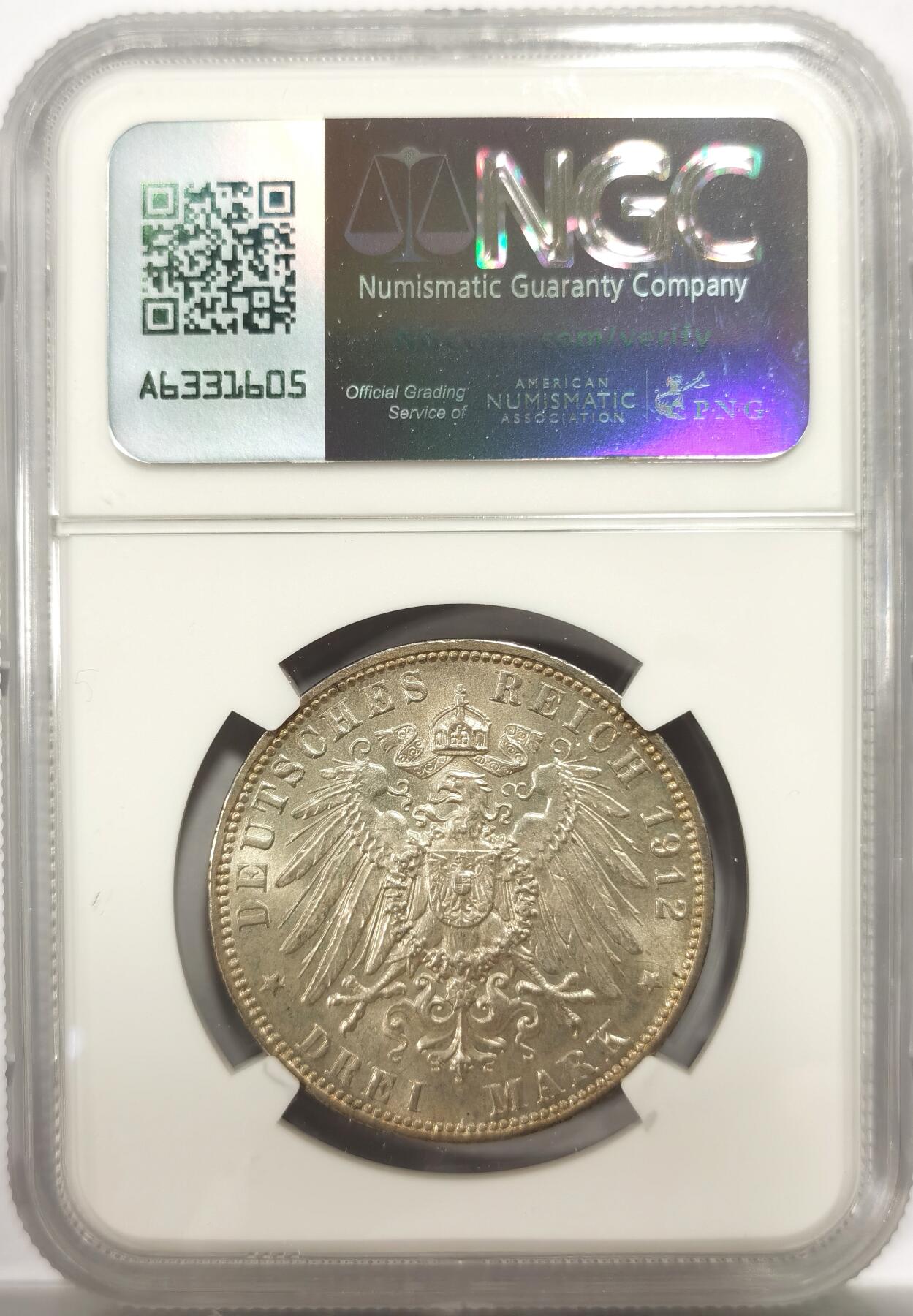 博洋堂世界钱币拍卖第144期（全场包邮） NGC MS63 德国汉堡1912年J版3马克银币