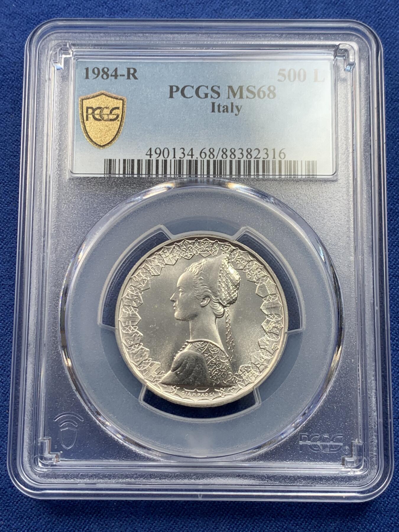 《竞宝斋》第432场 周日，周一 2场连拍 （全场包邮） PCGS MS68 意大利1984年人妻帆船500里拉银币 意大利现代币热门品种 发行量不足7.8万枚 该枚亚军分 普制高分难得 更高分仅1枚