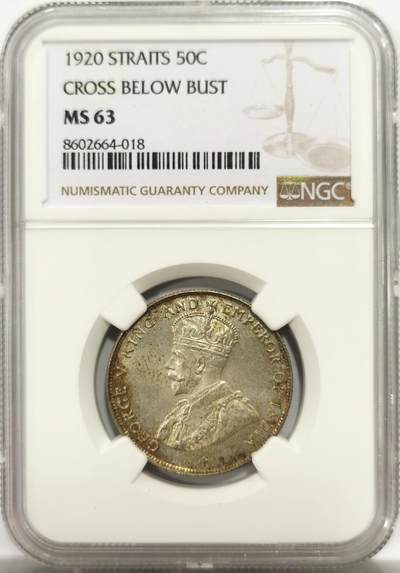 博洋堂世界钱币拍卖第144期（全场包邮） - NGC MS63 海峡1920乔五半圆，淡淡环彩包浆，打制非常出色的一枚，略低评
