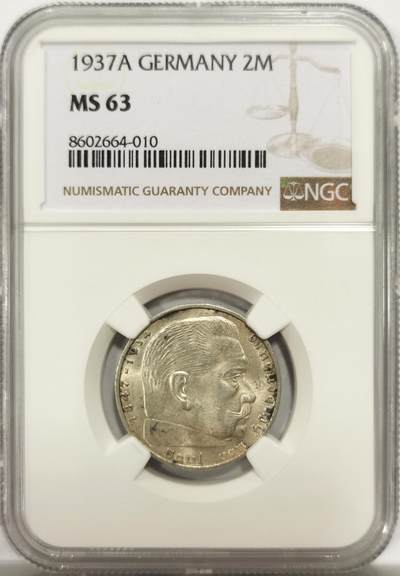 博洋堂世界钱币拍卖第144期（全场包邮） - NGC MS63 德三1937年万字兴登堡2马克，经典入门品种，底板霜光丝滑，光感细节都很好，低评状态。63中的佼佼者