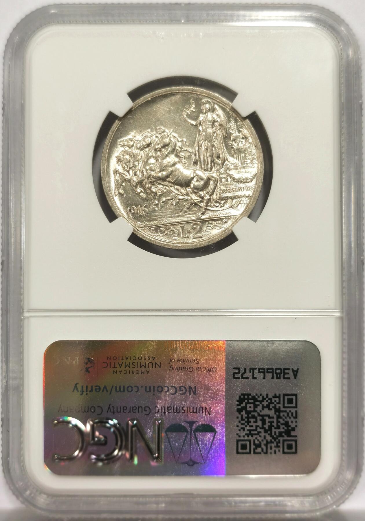 博洋堂世界钱币拍卖第144期（全场包邮） NGC MS62 意大利伊曼纽尔三世1916年女神马车2里拉银币，浮雕立体感强，栩栩如生，欧洲经典设计。币面清爽干净又舒适，状态极佳。