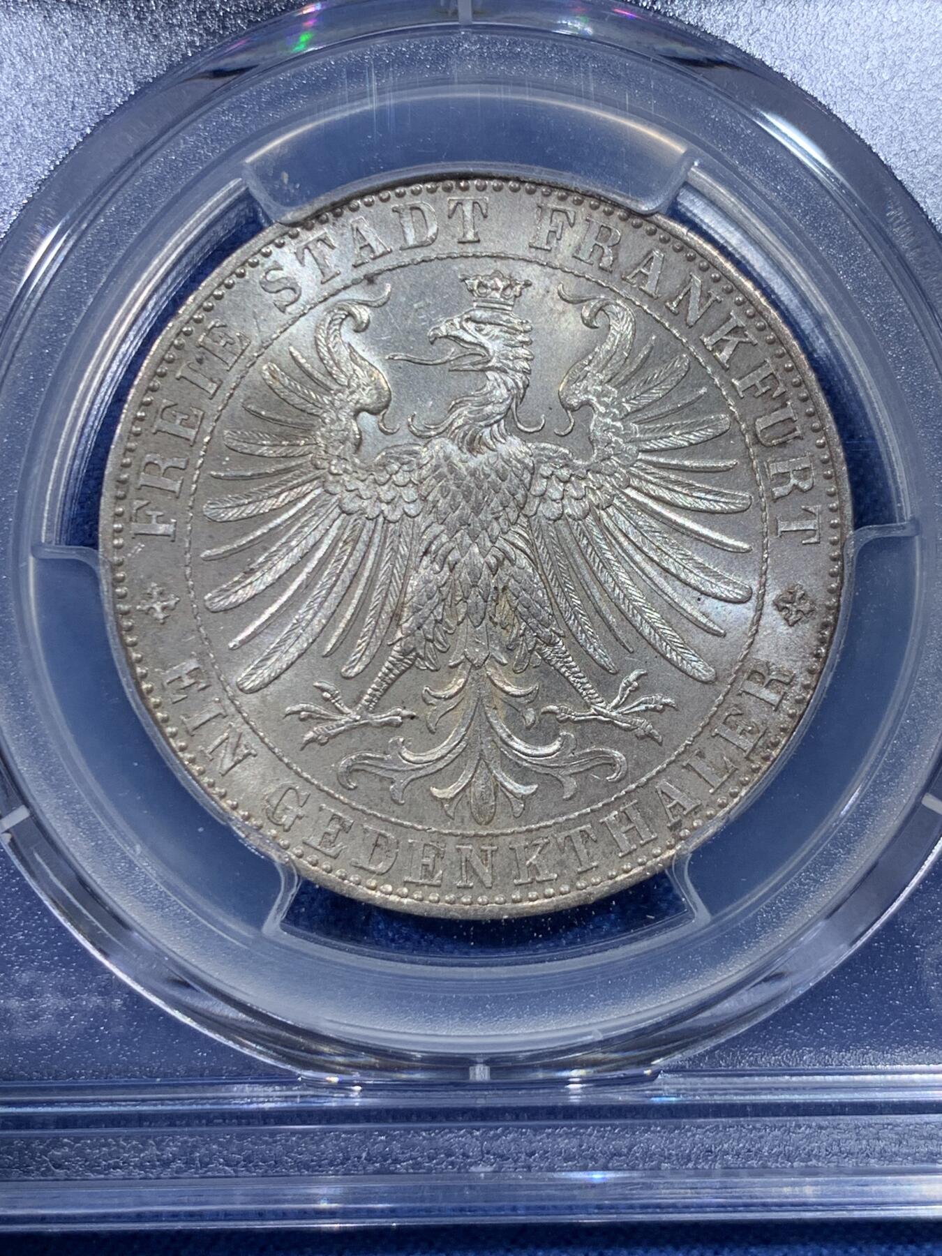 《竞宝斋》第432场 周日，周一 2场连拍 （全场包邮） PCGS MS64 德国1863年法兰克福王子议会泰勒银币，底板状态漂亮，经典的法兰克福市政厅