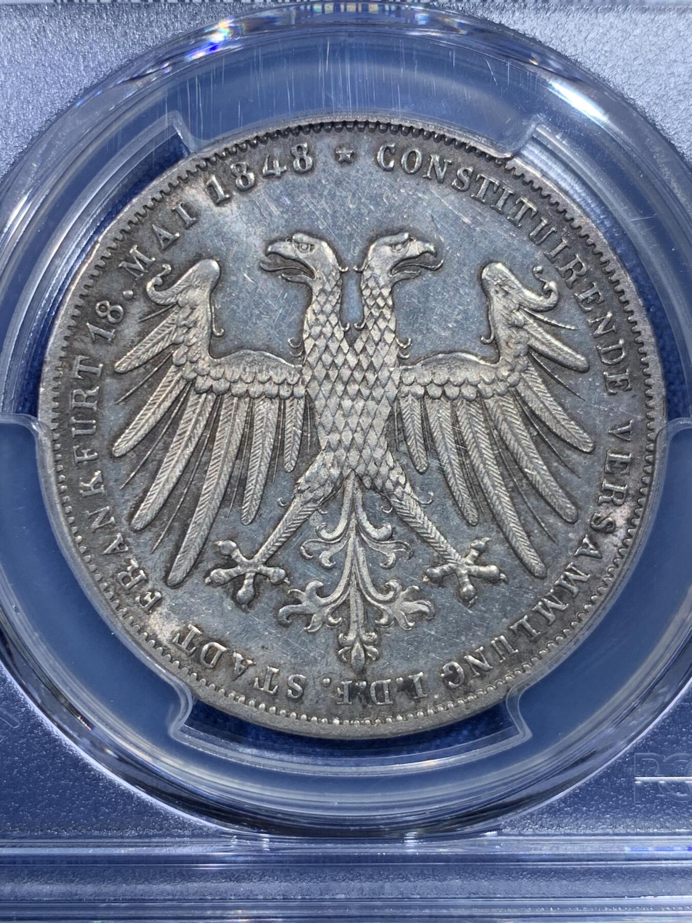 《竞宝斋》第432场 周日，周一 2场连拍 （全场包邮） PCGS AU58 德国1848年法兰克福双头鹰2盾银币 整体状态不错