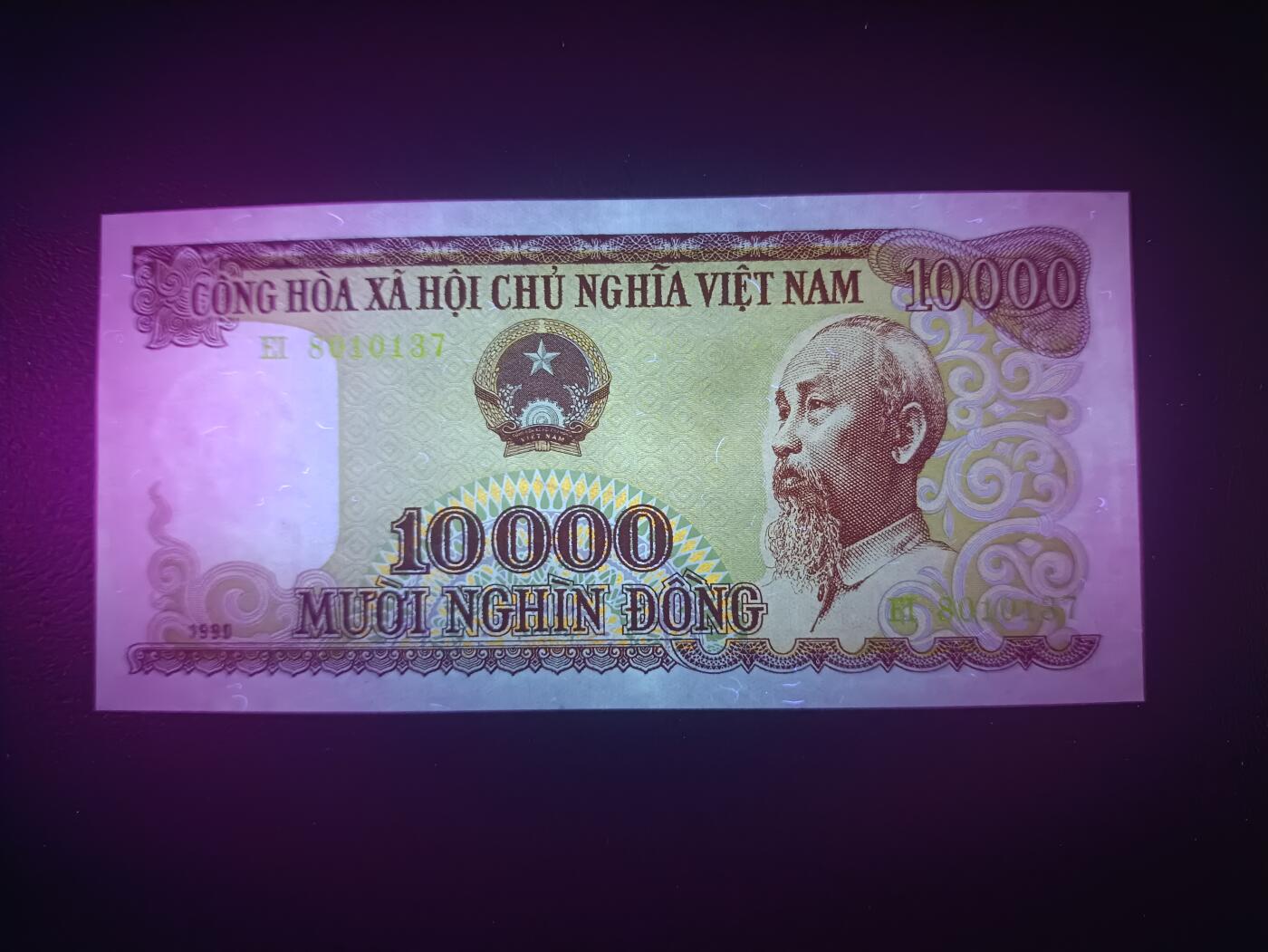 2025十月第四期，加拍第二场，总198期 越南1990年10000盾UNC-，侧像胡志明和下龙湾，稀有年份（1993年常见）