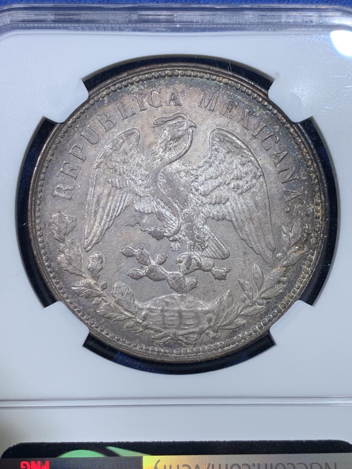 《竞宝斋》第432场 周日，周一 2场连拍 （全场包邮） NGC MS63 墨西哥1904年MO AM版直边鹰洋，原味老黑彩，羽毛保存不错