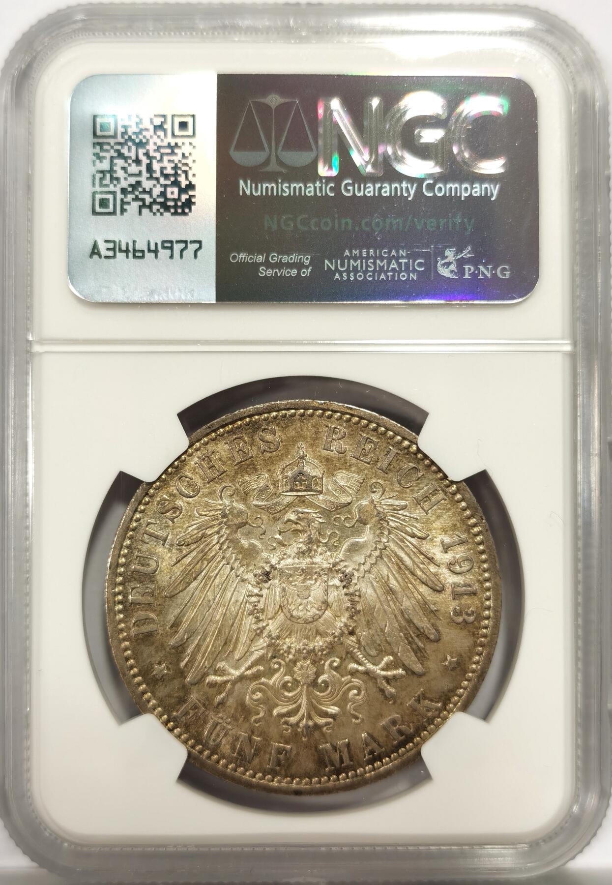 博洋堂世界钱币拍卖第144期（全场包邮） NGC MS63 德国普鲁士1913年A版威廉二世5马克军装5马克银币