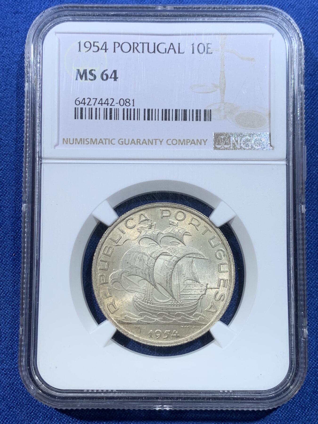 《竞宝斋》第432场 周日，周一 2场连拍 （全场包邮） NGC MS64 葡萄牙1954年10埃斯库多大航海帆船银币 卷拆原光