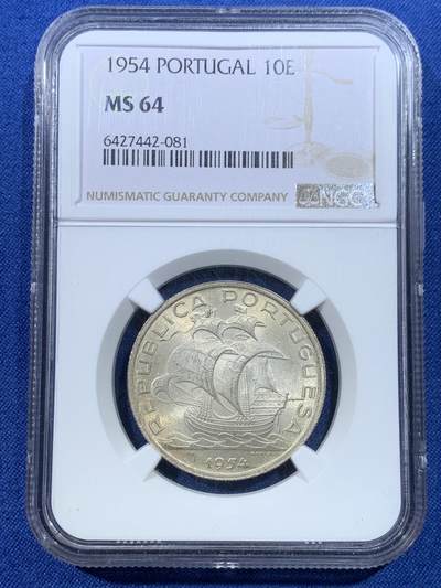 《竞宝斋》第432场 周日，周一 2场连拍 （全场包邮） - NGC MS64 葡萄牙1954年10埃斯库多大航海帆船银币 卷拆原光