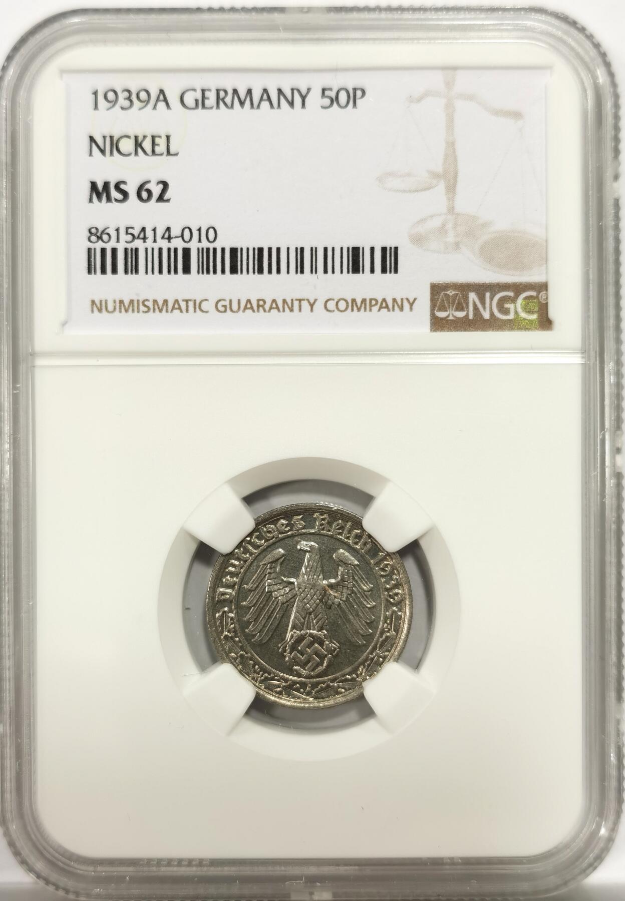博洋堂世界钱币拍卖第144期（全场包邮） NGC MS62 德国第三帝国1939年A版50芬尼镍币，传说中的回炉坦克币