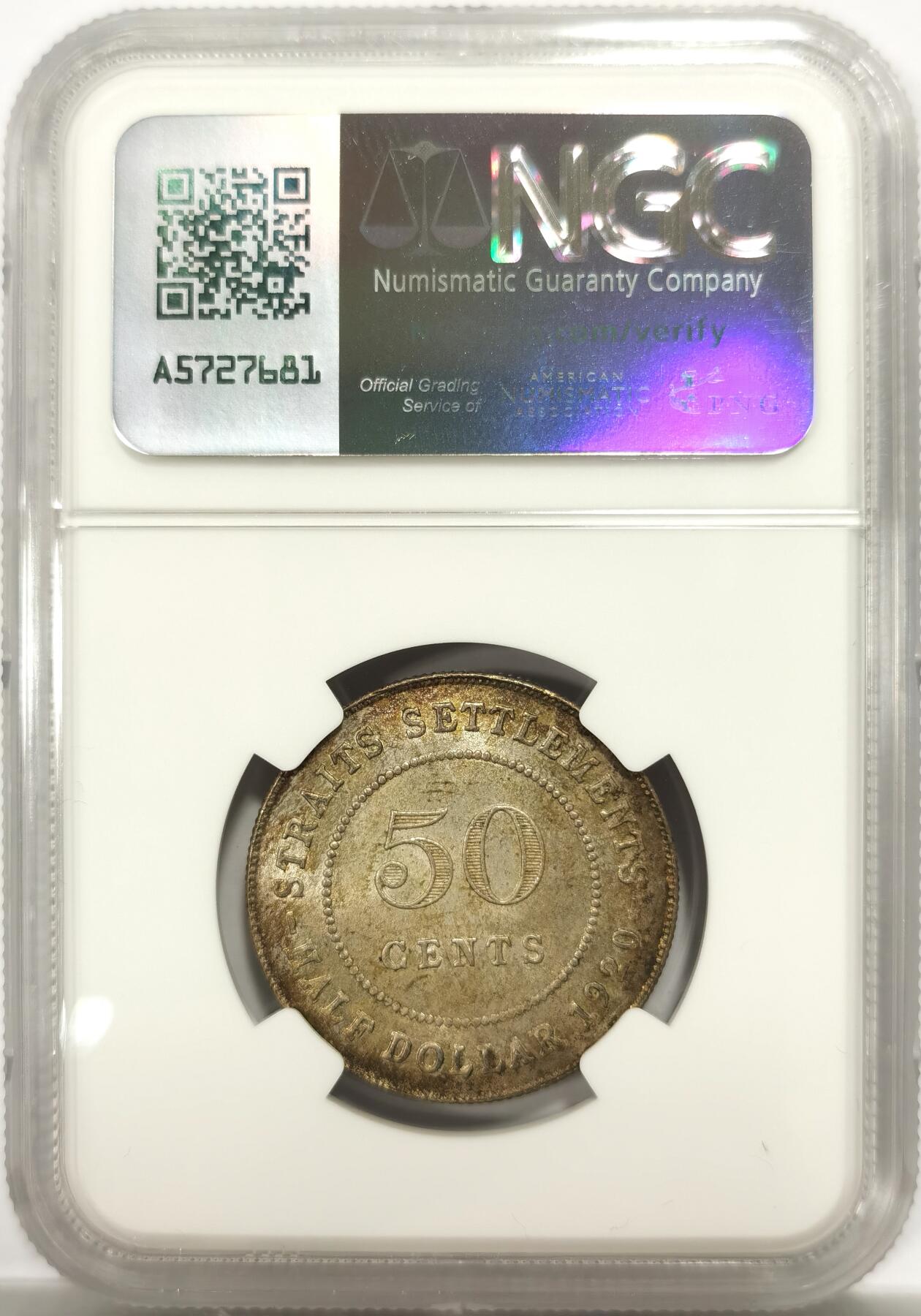 博洋堂世界钱币拍卖第144期（全场包邮） NGC MS63 海峡1920乔五半圆，淡淡环彩包浆，打制非常出色的一枚，略低评